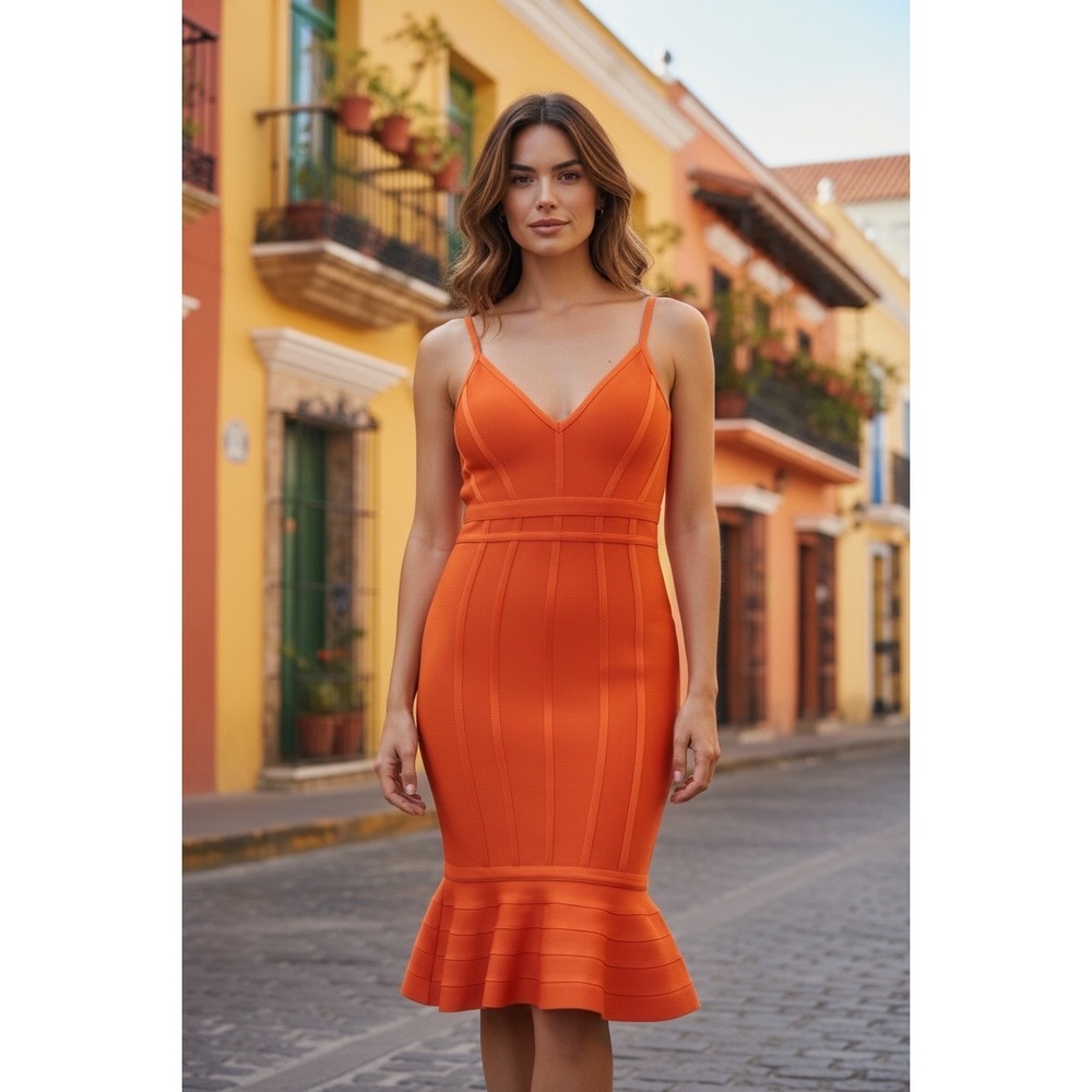 RIVIR Bandage Mermaid Dress M Orange Ruffle Hem Bodycon Cocktail Summer Wedding
